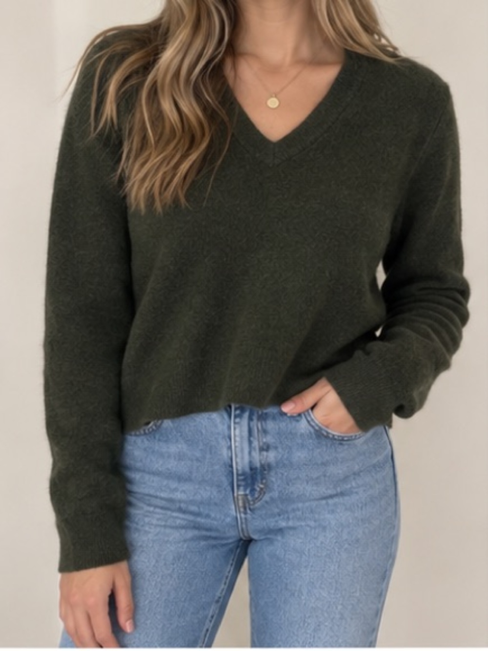 Club Monaco V-Neck Cashmere Sweater in Deep Olive